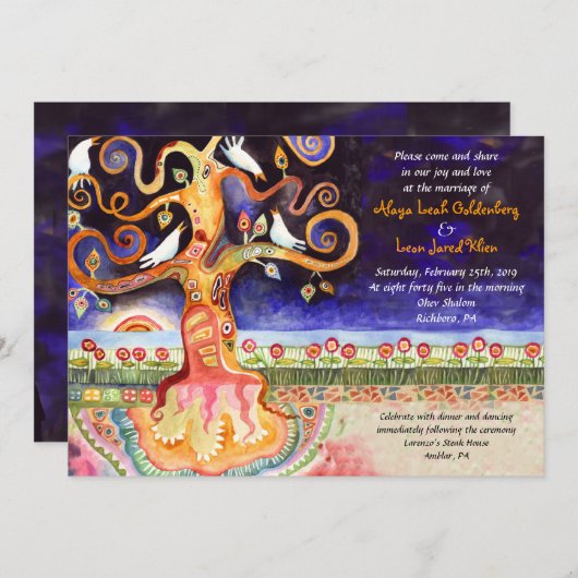 TREE OF LIFE DOVES Joodse bruiloft uitnodiging (Voorkant / Achterkant)