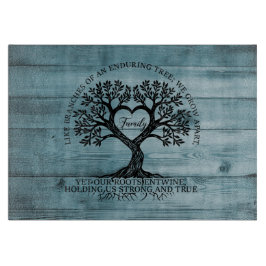 Tree of Life Family Glass Cutting Board on Blue Snijplank