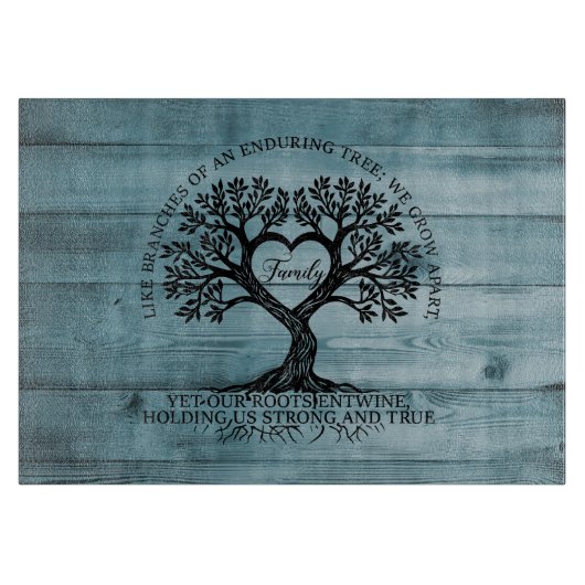 Tree of Life Family Glass Cutting Board on Blue Snijplank (Voorkant)