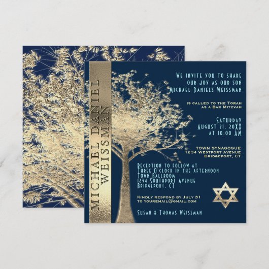 Tree of Life Gold and Navy Blue Bar Mitzvah Kaart (Voorkant / Achterkant)