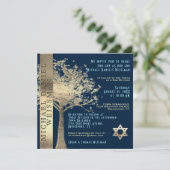Tree of Life Gold and Navy Blue Bar Mitzvah Kaart (Staand voorkant)