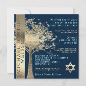 Tree of Life Gold and Navy Blue Bar Mitzvah Kaart (Voorkant)