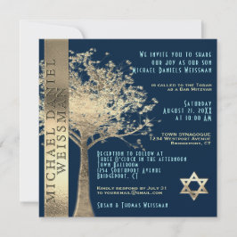 Tree of Life Gold and Navy Blue Bar Mitzvah Kaart