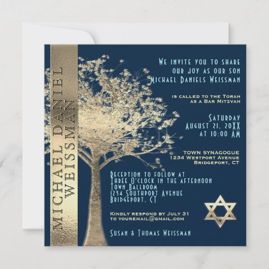 Tree of Life Gold and Navy Blue Bar Mitzvah Kaart (Voorkant)
