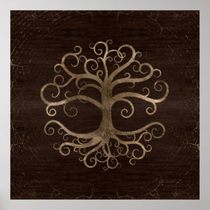 Tree of life Gold on Wooden Texture Poster
