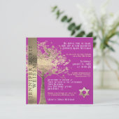 Tree of Life Goud en Goud en Roze Vleermuis Mitzva Kaart (Staand voorkant)