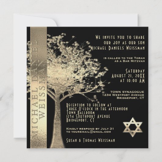 Tree of Life Gouden en Zwarte Bar Mitzvah Kaart (Voorkant)