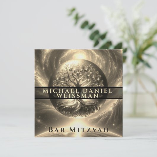 Tree of Life Gouden en Zwarte Bar Mitzvah Kaart (Staand voorkant)