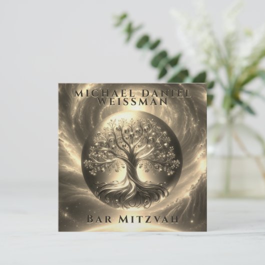 Tree of Life Gouden en Zwarte Bar Mitzvah Kaart (Staand voorkant)
