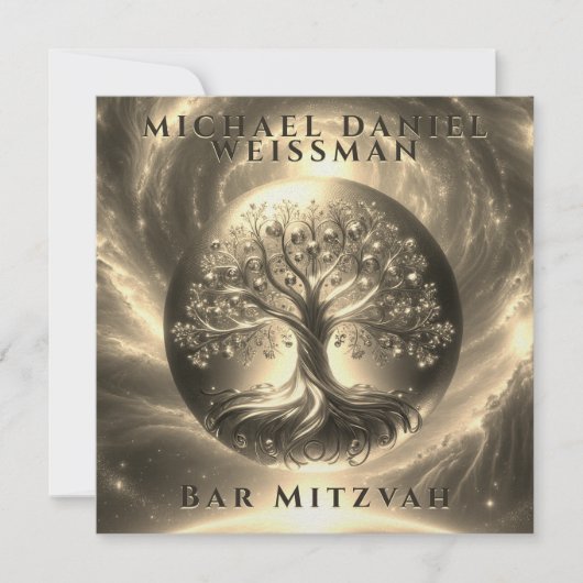 Tree of Life Gouden en Zwarte Bar Mitzvah Kaart (Voorkant)