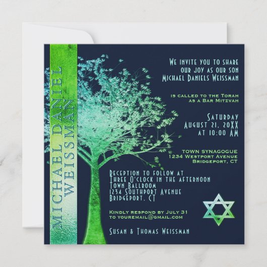 Tree of Life Green Blue Bar Mitswa Uitnodiging (Voorkant)
