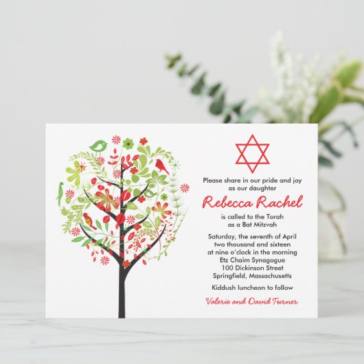 Tree of Life Red Green Bat Mitswa Uitnodiging (Staand voorkant)