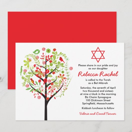 Tree of Life Red Green Bat Mitswa Uitnodiging (Voorkant / Achterkant)