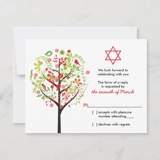 Tree of Life Red Green Bat Mitzvah RSVP Reply Kaar Kaart (Voorkant)