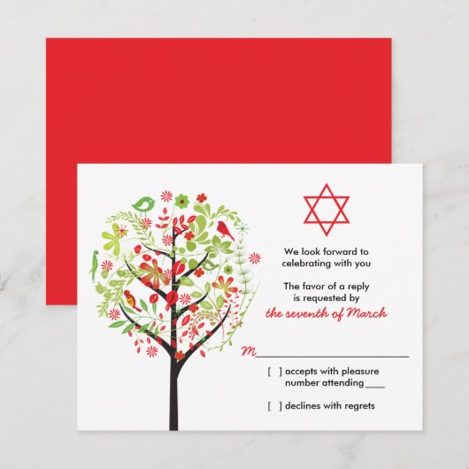Tree of Life Red Green Bat Mitzvah RSVP Reply Kaar Kaart (Voorkant / Achterkant)