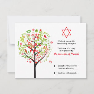 Tree of Life Red Green Bat Mitzvah RSVP Reply Kaar Kaart