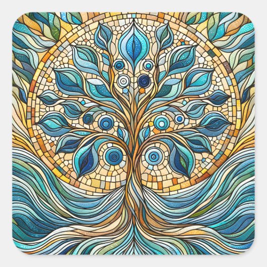 Tree of Life Shattered Glass Mosaic Aqua Blues  Vierkante Sticker (Voorkant)