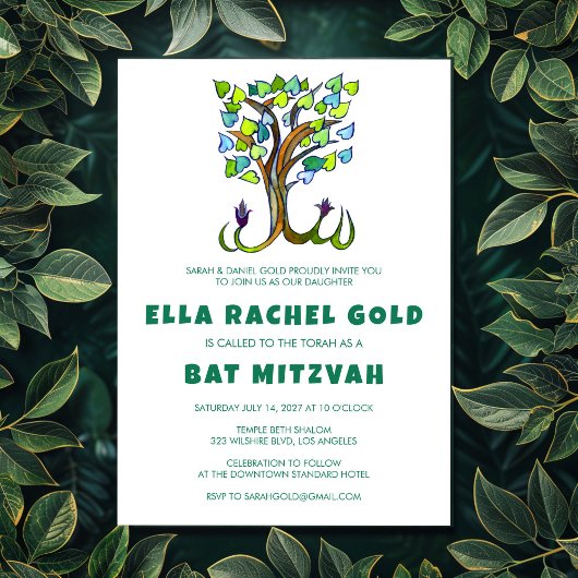 Tree of Life Waterverf Custom Bar Bat Mitzvah Kaart