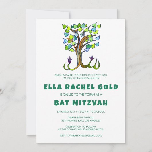 Tree of Life Waterverf Custom Bar Bat Mitzvah Kaart (Voorkant)