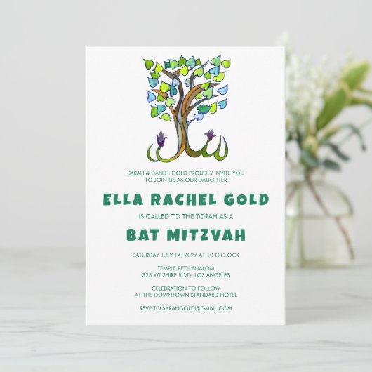 Tree of Life Waterverf Custom Bar Bat Mitzvah Kaart (Staand voorkant)