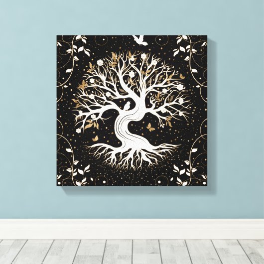 Tree of Life - Ygdrasil - black white and gold Canvas Afdruk (Insitu (Houten vloer))