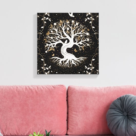 Tree of Life - Ygdrasil - black white and gold Canvas Afdruk (Insitu (Woonkamer))