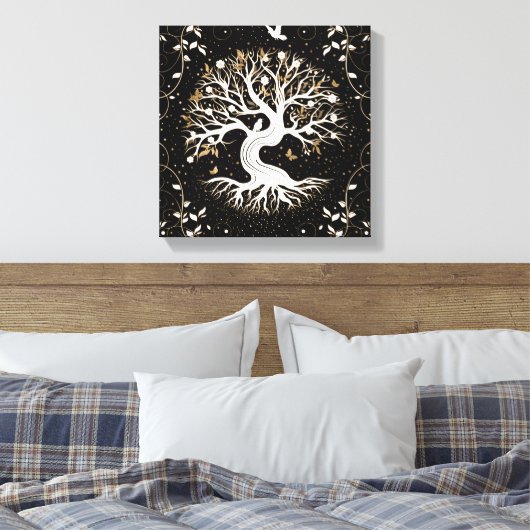 Tree of Life - Ygdrasil - black white and gold Canvas Afdruk (Insitu (Slaapkamer))
