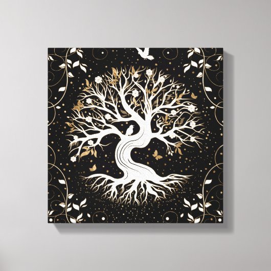 Tree of Life - Ygdrasil - black white and gold Canvas Afdruk (Voorkant)