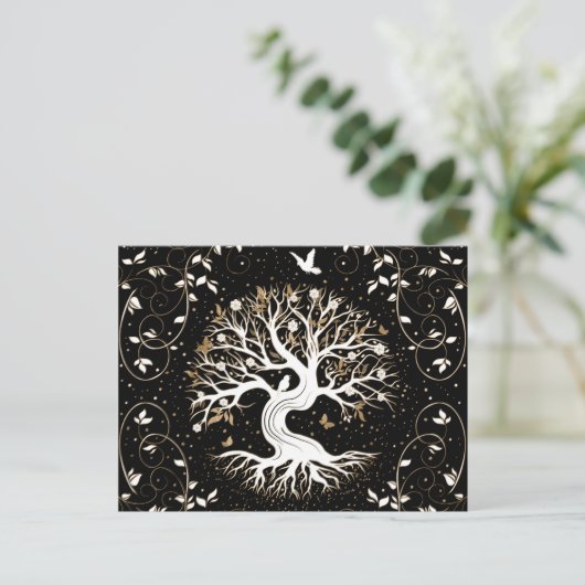 Tree of Life - Ygdrasil - black white and gold Feestdagenkaart (Staand voorkant)