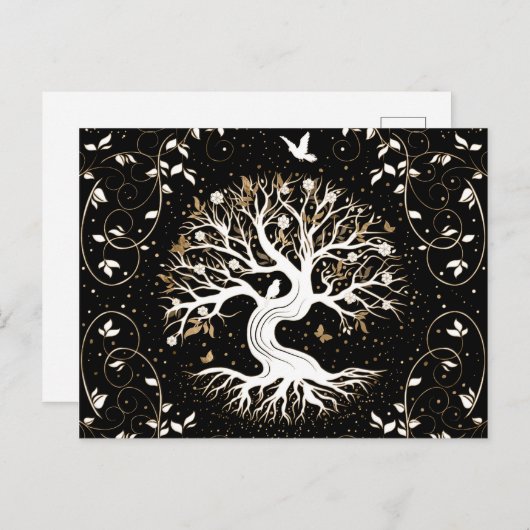 Tree of Life - Ygdrasil - black white and gold Feestdagenkaart (Voorkant / Achterkant)