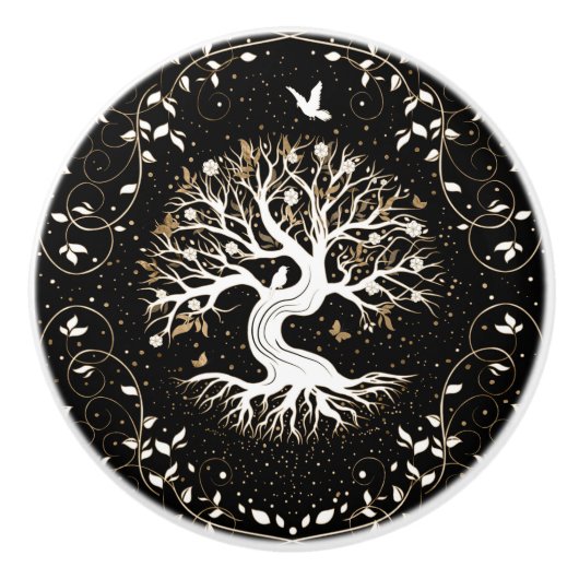 Tree of Life - Ygdrasil - black white and gold Keramische Knop (Voorkant)
