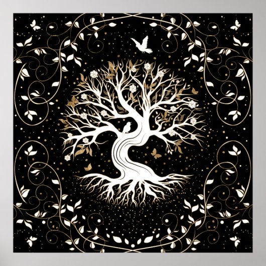 Tree of Life - Ygdrasil - black white and gold Poster (Voorkant)