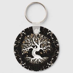 Tree of Life - Ygdrasil - black white and gold Sleutelhanger