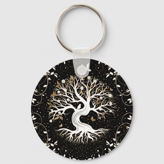 Tree of Life - Ygdrasil - black white and gold Sleutelhanger (Voorkant)