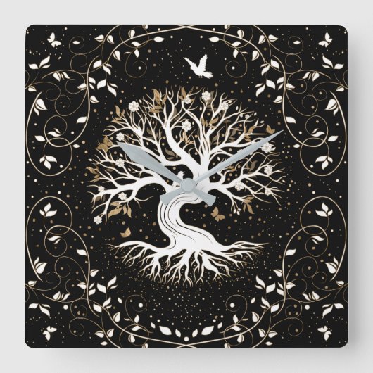 Tree of Life - Ygdrasil - black white and gold Vierkante Klok (Voorkant)