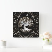 Tree of Life - Ygdrasil - black white and gold Vierkante Klok (Huis)