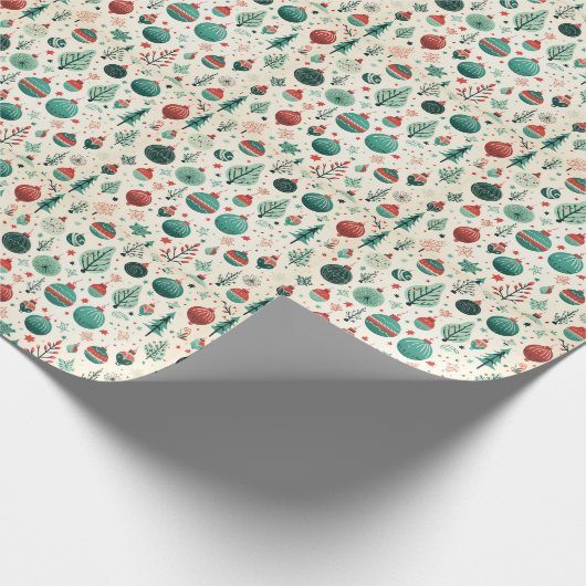  Tree Ornamenten Pattern Retro Christmas Cadeaupapier (Hoek)