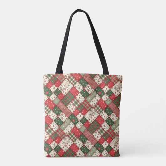 Tree pattern christmas  patchwork green red name tote bag (Achterkant)