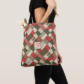Tree pattern christmas  patchwork green red name tote bag (Dichtbij)