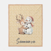Tree pattern reindeer snowman orange beige name fleece deken (Voorkant)