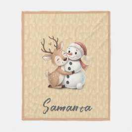 Tree pattern reindeer snowman orange beige name fleece deken