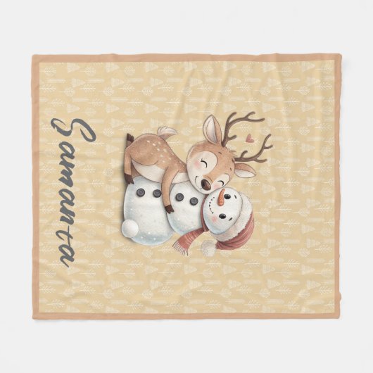 Tree pattern reindeer snowman orange beige name fleece deken (Voorkant (Horizontaal))