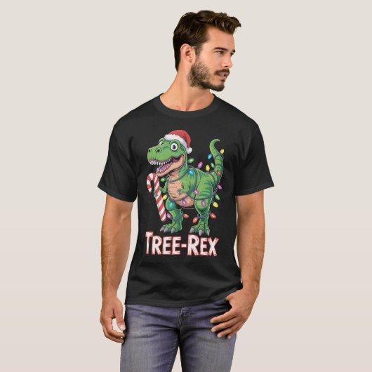 Tree-Rex – T-Rex mit Zuckerstange & Lichtern T-shirt (Voorkant volledig)