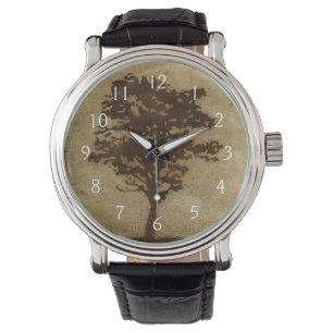 Tree Silhouette on Bronze Background Horloge
