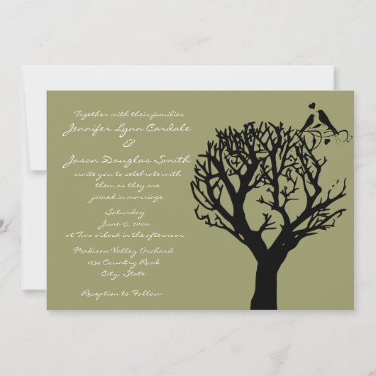 Tree Silhouette Tortelduifjes Sage Wedding Invitat Kaart (Voorkant)