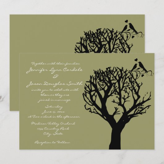 Tree Silhouette Tortelduifjes Sage Wedding Invitat Kaart (Voorkant / Achterkant)
