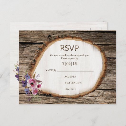 Tree Slice Stump Flowers Bruiloft RSVP Briefkaart (Voorkant / Achterkant)