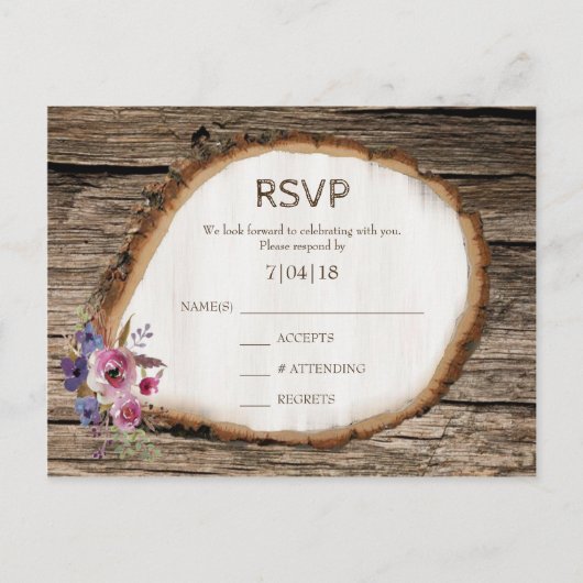 Tree Slice Stump Flowers Bruiloft RSVP Briefkaart (Voorkant)