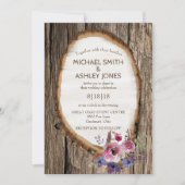 Tree Slice Stump met bloemen Bruiloft uitnodiging (Voorkant)