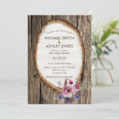 Tree Slice Stump met bloemen Bruiloft uitnodiging (Staand voorkant)